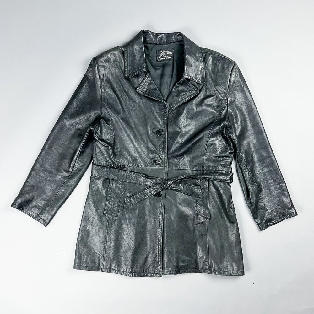 Leather Trench Coat | 70's Black 3/4 Length Long Sleeve Belted Blazer Jacket